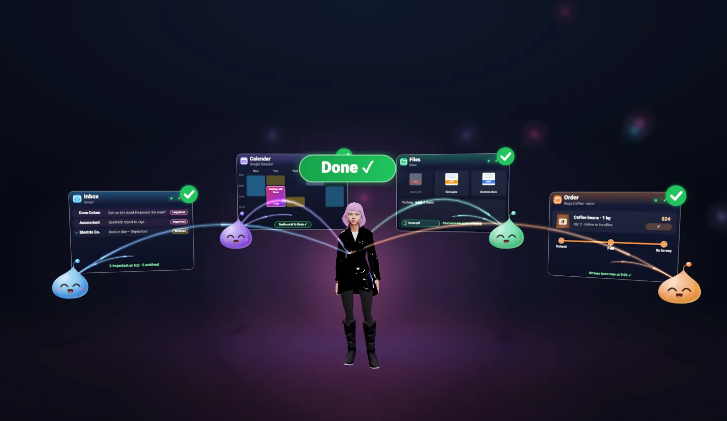 Maya, the personal assistant — a woman with pink hair in a black coat, shown full length — with four colourful agents behind her at the mail, calendar, files and order cards — all checked ✓, with “Done ✓” above her